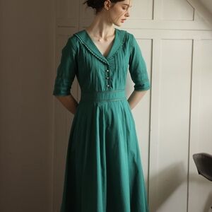 SIMPLE RETRO Green 100% Cotton Midi Dress
